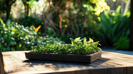 A nursery tray filled with young plants, resting on a wooden table in an outdoor garden setting.の素材