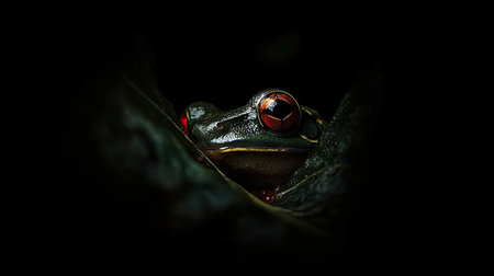 A red-eyed tree frog peering out from a curled-up leaf, its eyes glowing in the low light.の素材