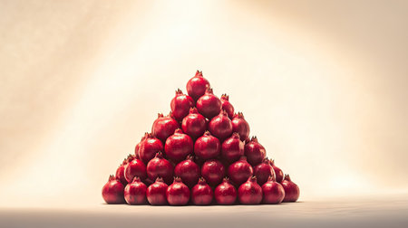 A pyramid of pomegranate seeds stacked neatly in the center of a white background, glowing in soft light.の素材