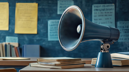 A megaphone speaker on a table in a classroom, next to textbooks and chalk.の素材
