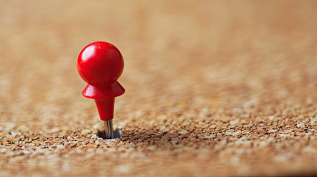 A red pushpin piercing a sheet of paper on a corkboard, with the cork texture in focus.の素材