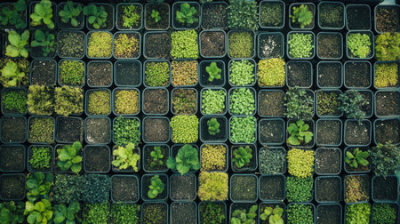 A top-down view of a nursery tray filled with young green plants, neatly organized in rows.の素材