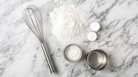 A top-down view of baking soda, a whisk, and measuring cups arranged on a marble countertop.の素材