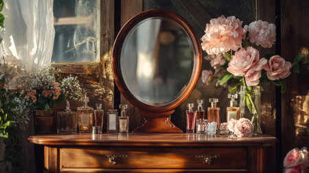 A vintage-style wooden vanity with an oval mirror, decorated with antique perfume bottles and flowers.の素材