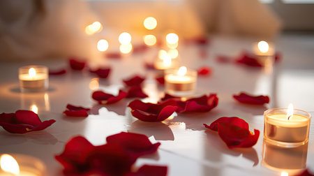A romantic setup with a mix of rose petals and tea light candles on a white floor, creating a soft, intimate atmosphere.の素材