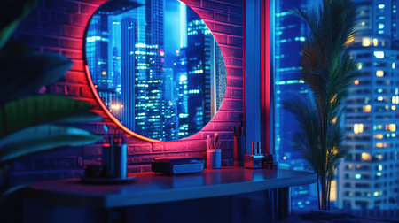 A small vanity corner with a mirror reflecting a vibrant cityscape at night.の素材