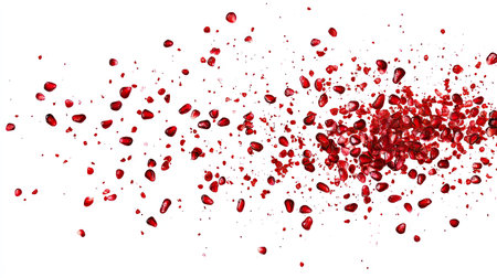 A splash of red pomegranate seeds spread randomly across a white background for a vibrant and fresh feel.の素材