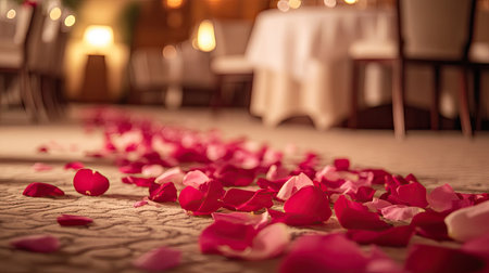 A trail of pink and red rose petals on a beige carpet floor, leading to a romantic dining setup.の素材
