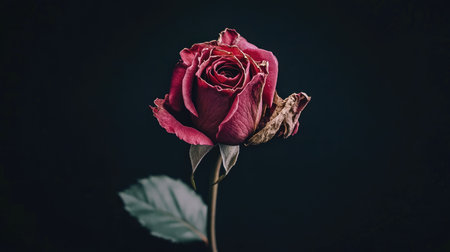 A wilted rose with dry, curled petals, contrasting against a stark black backdrop.の素材