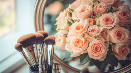Close-up of a vanity mirror reflecting a bouquet of roses, makeup brushes, and skincare products.の素材