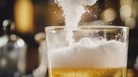 Baking soda being mixed with vinegar in a glass container, creating a foamy reaction.の素材