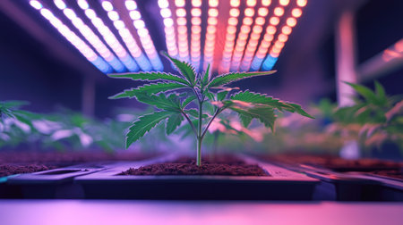 Healthy seedlings in a nursery tray, thriving under a modern LED grow light setup indoors.の素材