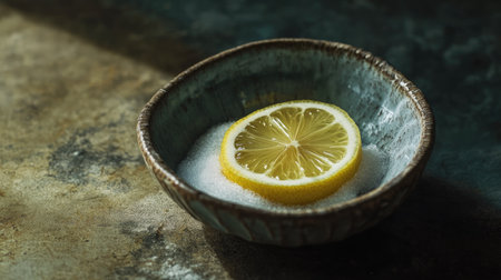Baking soda in a small ceramic dish, with a lemon slice placed nearby.の素材
