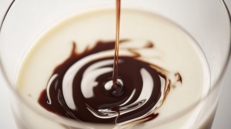 Chocolate syrup drizzling into a glass of milk, creating swirls against a white background.の素材