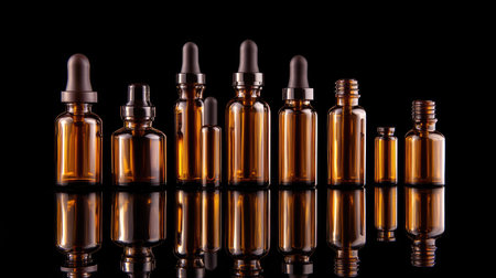 Brown amber glass serum bottles of various sizes arranged symmetrically on a reflective black surface.の素材