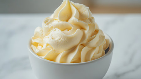 Whipped eggs in a bowl with soft peaks forming, placed on a white marble surface.の素材
