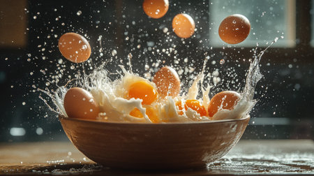 A whimsical scene of eggs being whipped in a bowl, with splashes of yolk frozen mid-air.の素材