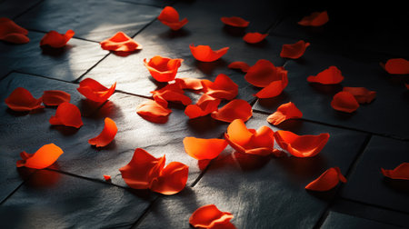 A scattering of orange rose petals on a dark tiled floor, creating a contrast of warmth and elegance.の素材