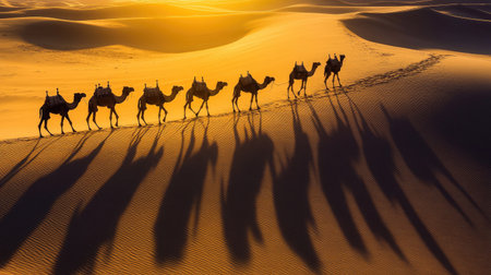 A caravan of camels walking across the summer desert, casting long shadows on the rippling sand dunes under a harsh sun.の素材