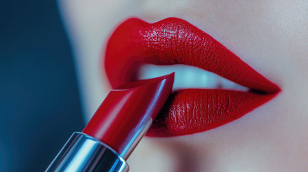 A close-up of bright red lipstick being applied, emphasizing the bold, glamorous color.の素材