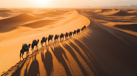 A caravan of camels walking across the summer desert, casting long shadows on the rippling sand dunes under a harsh sun.の素材