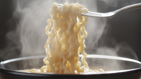 A close-up shot of a fork lifting a tangle of instant noodles from a bowl, with steam rising from the hot broth.の素材