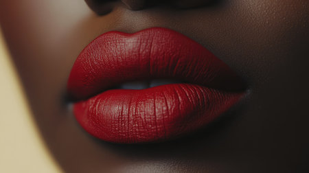 A close-up of a pair of red lips, highlighting the bold color against flawless skin and a neutral backdrop.の素材