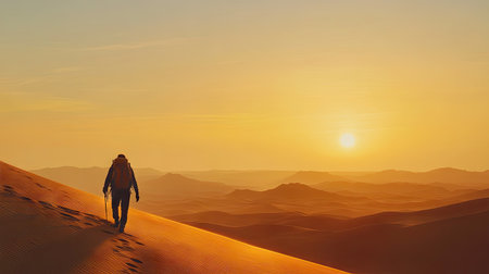 A hiker's silhouette against the vast expanse of a summer desert, with the sun low on the horizon and golden dunes stretching out before them.の素材