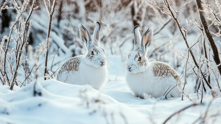 A pair of snowshoe hares camouflaged in the white winter snow, surrounded by barren trees and frosty ground.の素材