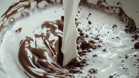 A birds-eye view of milk and chocolate being poured together into a bowl, creating beautiful swirling splashes and droplets in the process.の素材