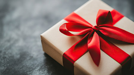 A bright red ribbon tied around a gift box, creating an elegant and festive presentation.の素材