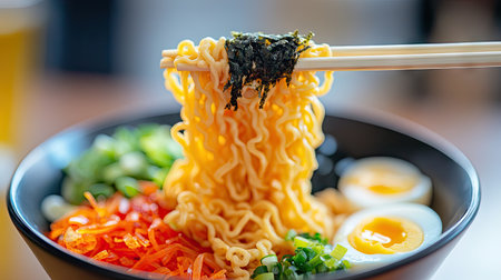 A pair of chopsticks holding a twist of instant noodles above a bowl, with colorful toppings like eggs, seaweed, and green onions visible below.の素材