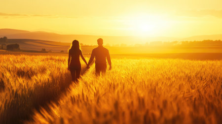 A couple walking hand in hand through a bright wheat field at sunset, with golden light enveloping them and the surrounding landscape.の素材