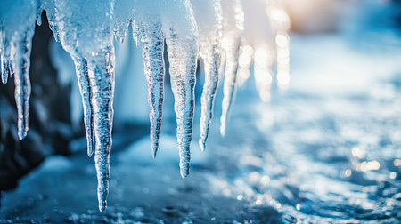 A close-up of icicles hanging from the edge of a frozen waterfall, with sparkling frost and snow glistening in the winter sun.の素材