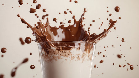 A fun, chaotic splash of milk and liquid chocolate erupting from a glass, with drops of each liquid flying outward in artistic motion.の素材