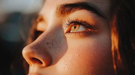 A close-up of a woman's face with luminous skin and natural makeup, her glowing complexion enhanced by warm, natural sunlight. --chaosの素材
