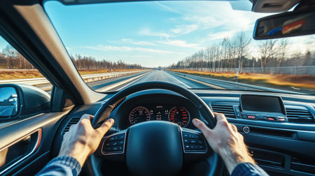 A driver's hands resting comfortably on the steering wheel, with the view of a long highway stretching ahead under clear blue skies. --chaosの素材