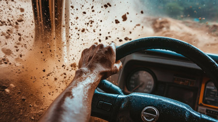 A close-up of a hand on the wheel of an SUV driving through rugged terrain, with dust and rocks flying in the background. --chaosの素材