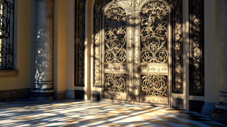 An ornate iron door glowing in the late afternoon light, with intricate shadows stretching out from its designs onto the floor. --chaosの素材