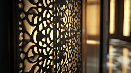 A close-up of the curved patterns on an iron door casting intricate shadows, enhanced by warm, soft lighting. --chaosの素材