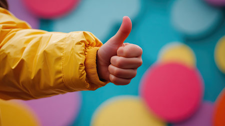 A close-up of a child's hand giving a thumbs-down gesture, set against a playful, colorful background, showing displeasure. --chaosの素材