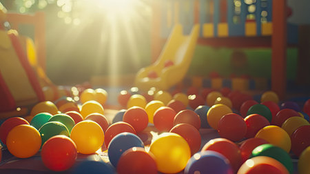 A bright and cheerful image of plastic balls scattered across the floor of a children's play area, with sunlight streaming in. --chaosの素材