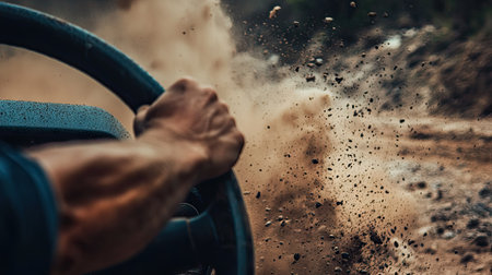 A close-up of a hand on the wheel of an SUV driving through rugged terrain, with dust and rocks flying in the background. --chaosの素材