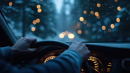 A close-up of a hand adjusting the steering wheel while driving at night, with the car's dashboard lights softly illuminating the scene. --chaosの素材