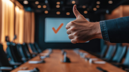 A close-up of a hand giving a thumbs-down gesture in front of a blurred conference room, symbolizing a failed presentation or disapproval. --chaosの素材