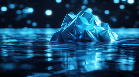 A digital iceberg made of layered polygons and light beams, reflecting in a simulated ocean of data, glowing with futuristic energy. --chaosの素材