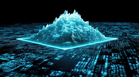 A digital iceberg with sharp, angular surfaces and glowing neon edges, floating in a dark, data-filled environment. --chaosの素材