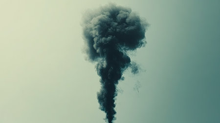 A dark gray smoke plume spirals upwards into a clear sky, its dense clouds contrasting sharply with the bright background. --chaosの素材