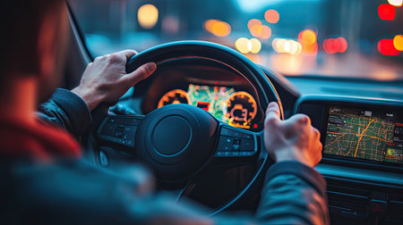 A close-up of hands adjusting the steering wheel with a GPS map visible on the dashboard, guiding the driver through unfamiliar streets. --chaosの素材