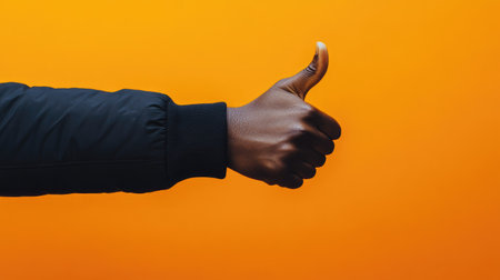 A hand giving a thumbs-down gesture in front of a vibrant orange background, the simplicity of the scene emphasizing clear disapproval. --chaosの素材